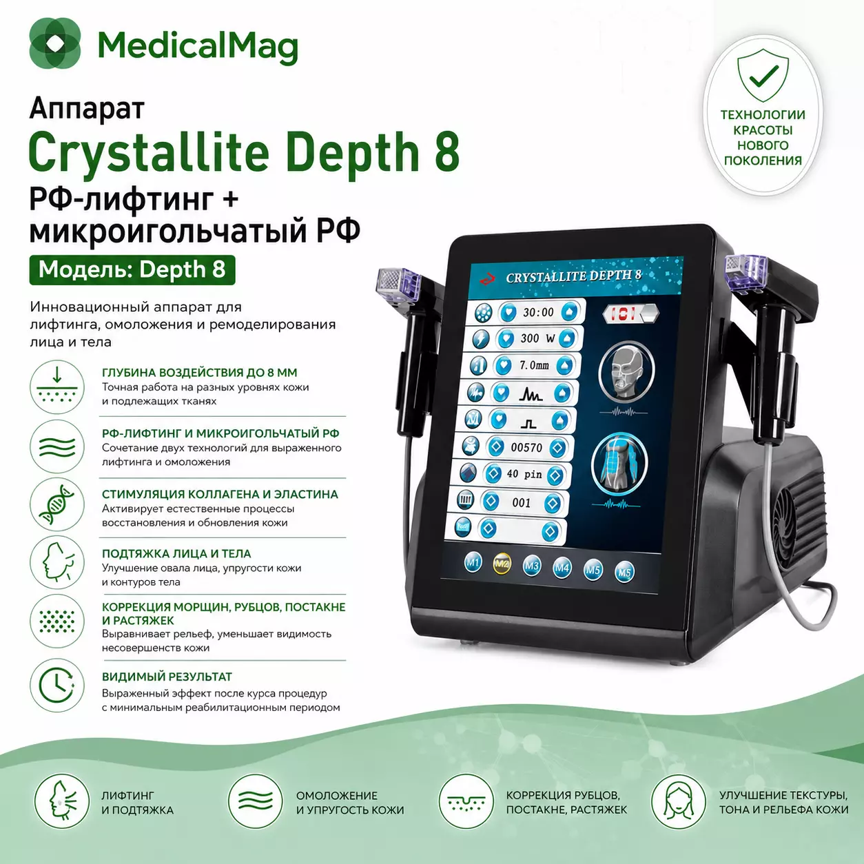 Аппарат Crystallite Depth 8 РФ-лифтинг + микроигольчатый РФ Модель: Depth 8