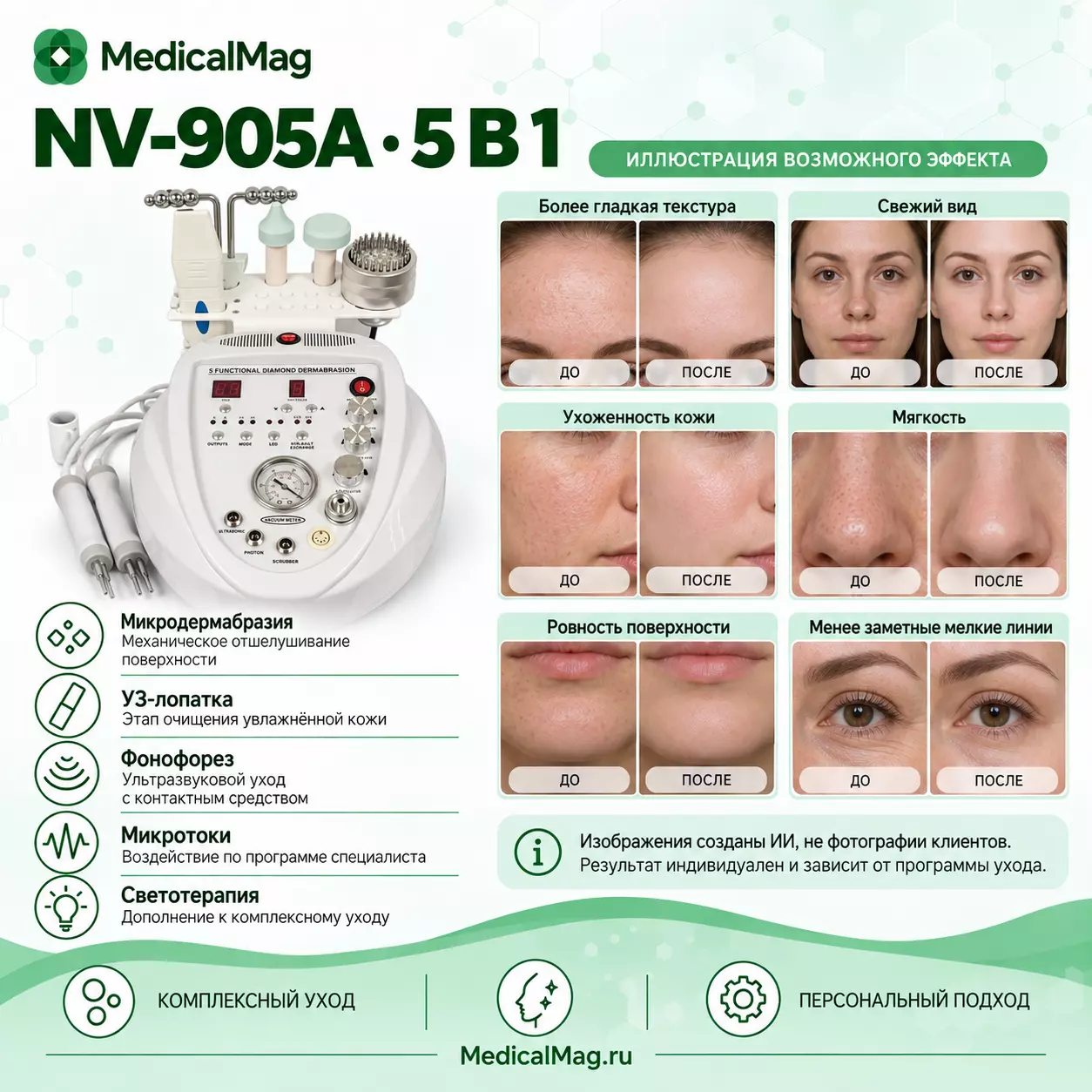 Косметический комбайн NV-905A 5в1 (микродермабразия, фонофорез, ультразвуковая лопатка, светотерапия, микротоки)