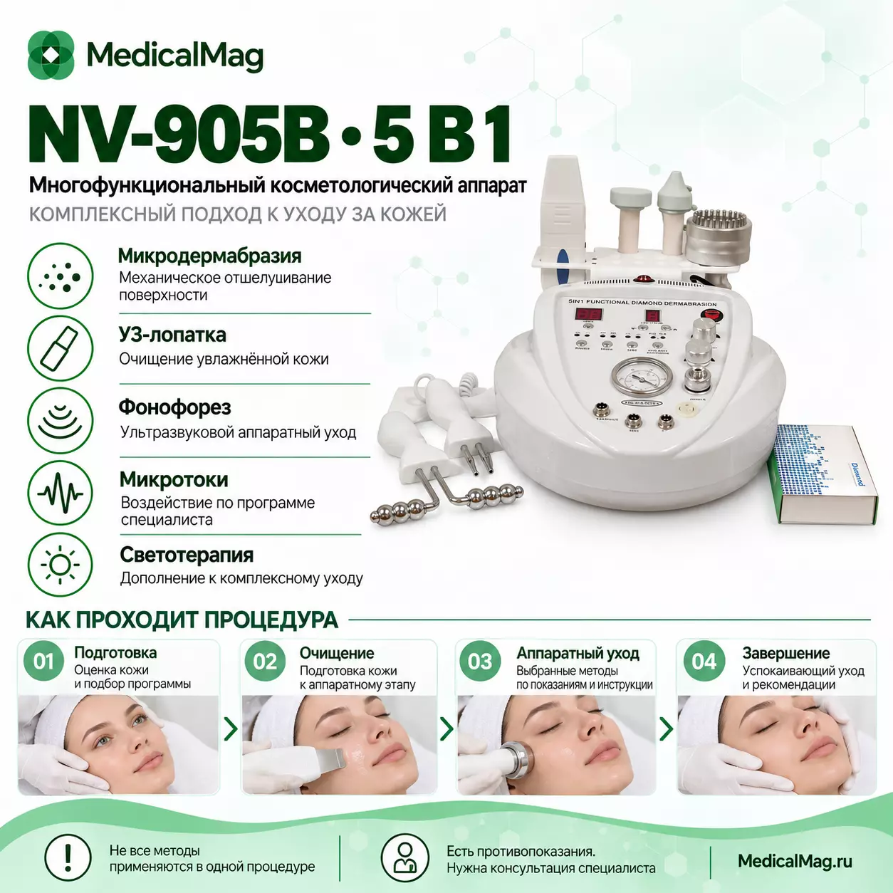 Косметический комбайн NV-905B 5в1 (микродермабразия, фонофорез, ультразвуковая лопатка, светотерапия, микротоки)