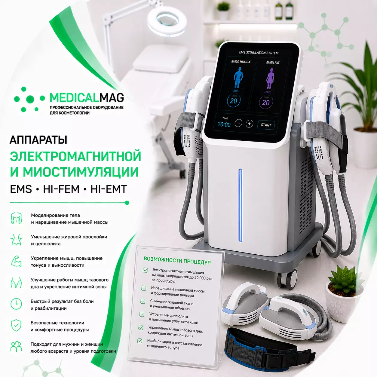 Аппараты электромагнитной и миостимуляции EMS, HI-FEM, HI EMT