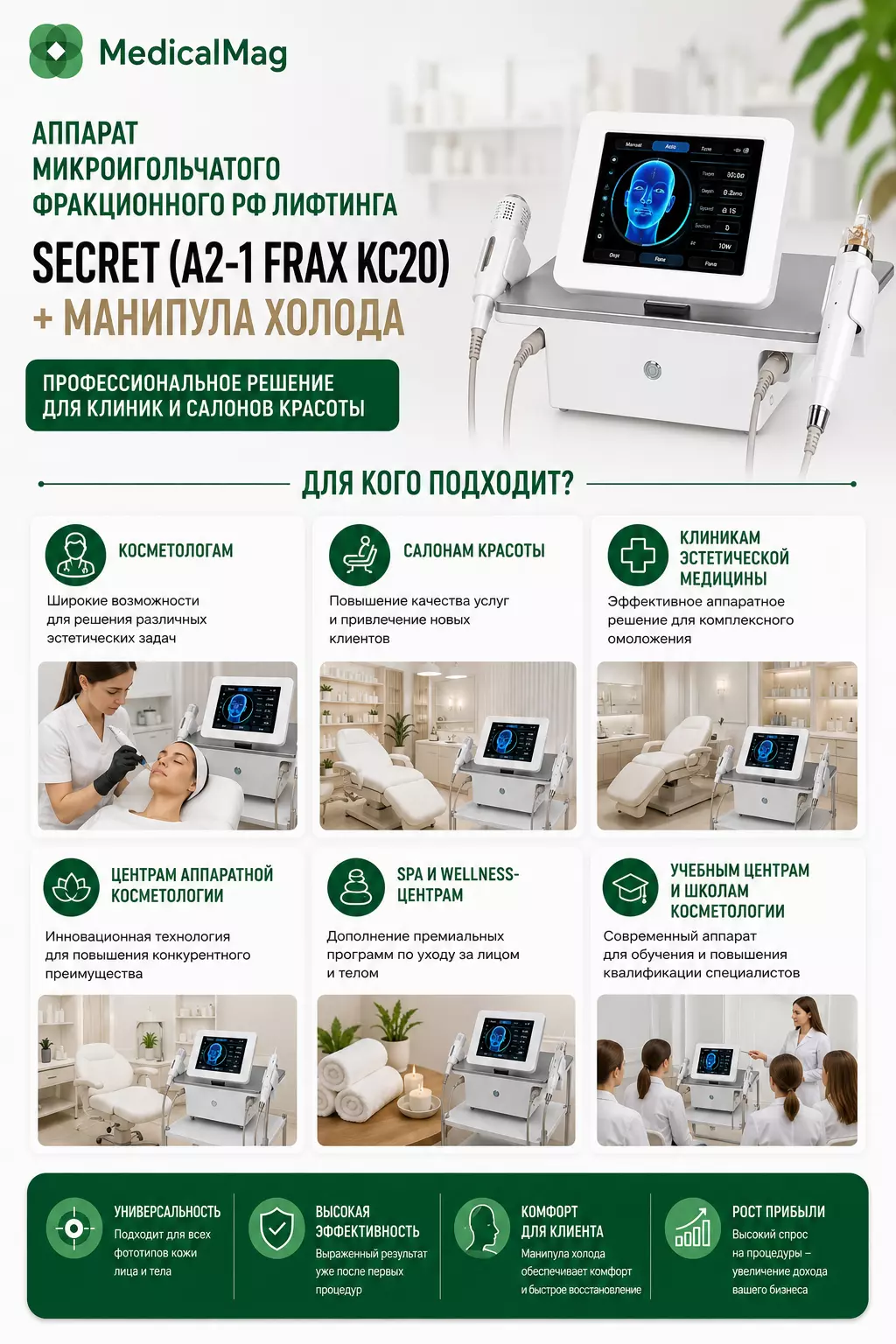 Аппарат микроигольчатого фракционного РФ лифтинга SECRET (A2-1 Frax KC20) + манипула Холода