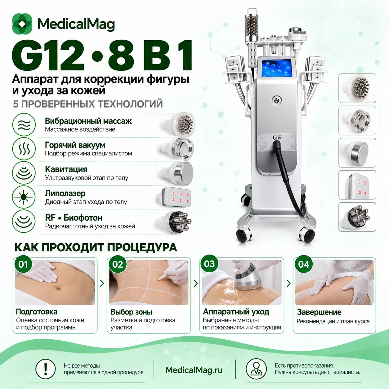 Аппарат 8 в 1 G12: вибрационный массаж + горячий вакуум + биофотон+ кавитация + липолазер + RF-лифтинг + вакуумно-баночный массаж + роликовый массаж