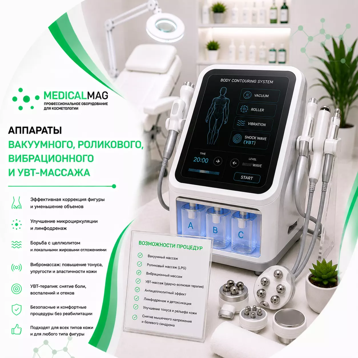 Аппараты вакуумного, роликового, вибрационного, УВТ массажа