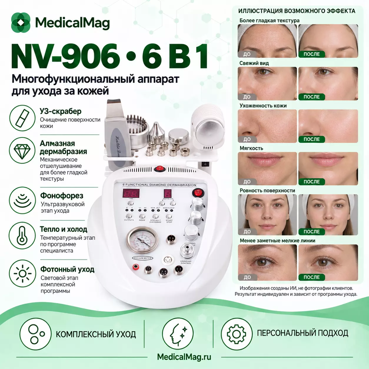 Косметический аппарат NV-906 (6 в 1) УЗ скрабер, фонофорез, дермабразия, фотон, криомолот