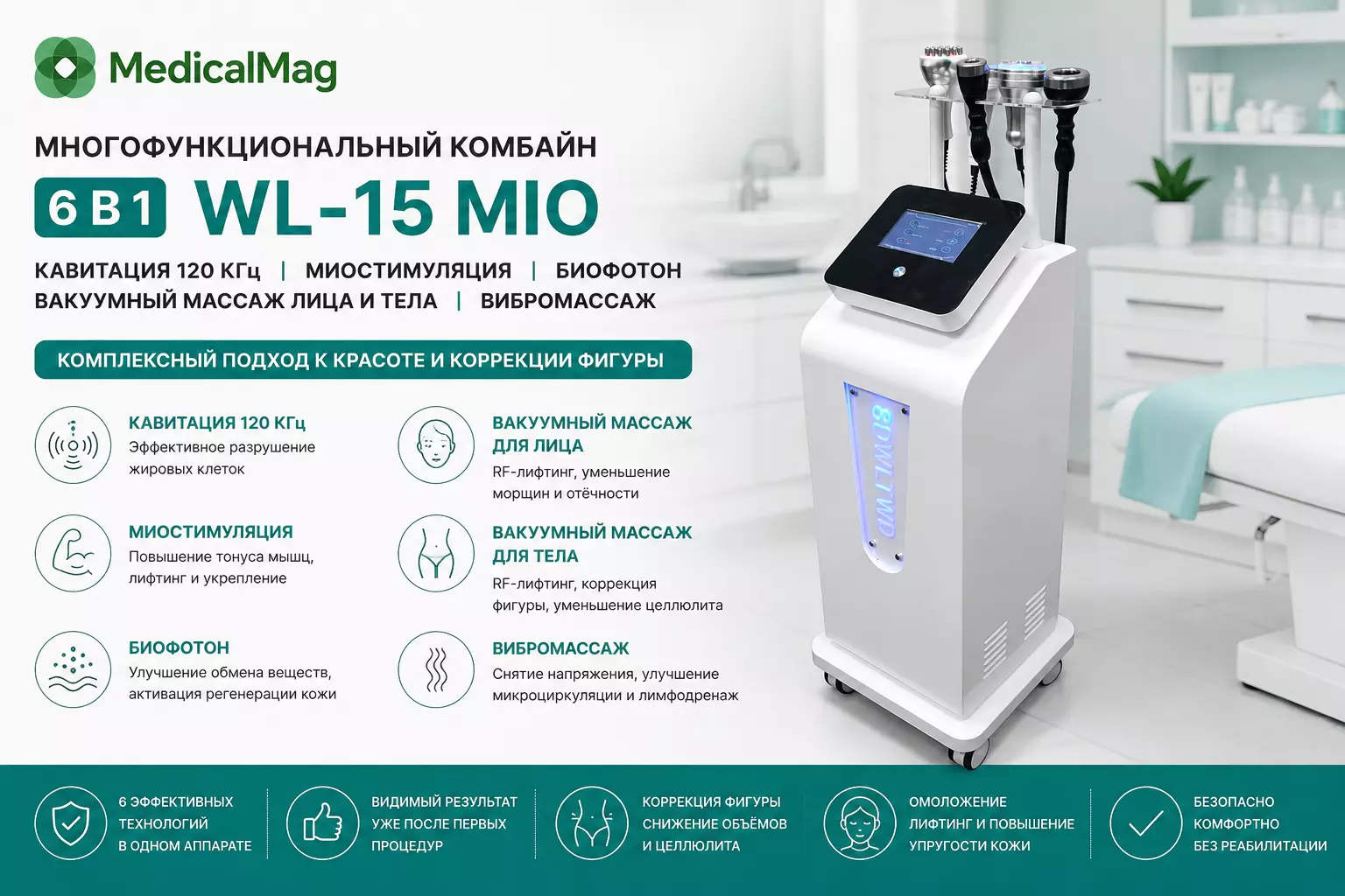 Многофункциональный комбайн 6 в 1 WL-15 MIO: кавитация 80КГц, миостимуляция, биофотон, вакуумный массаж лица и тела, вибромассаж