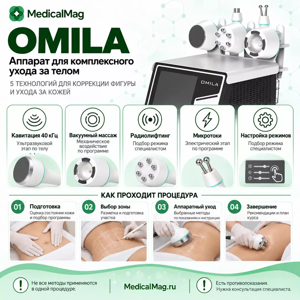 Аппарат для кавитации, радиолифтинга, вакуума и микротоков OMILA