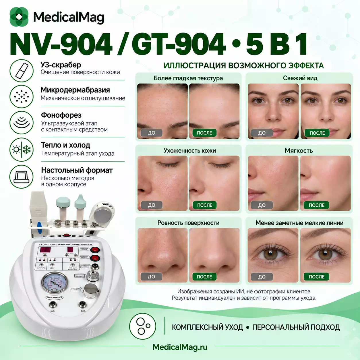 Комбайн косметический NV-904 / GT-904 (5 в 1) УЗ пилинг, алмазная чистка, фонофорез, крио молот