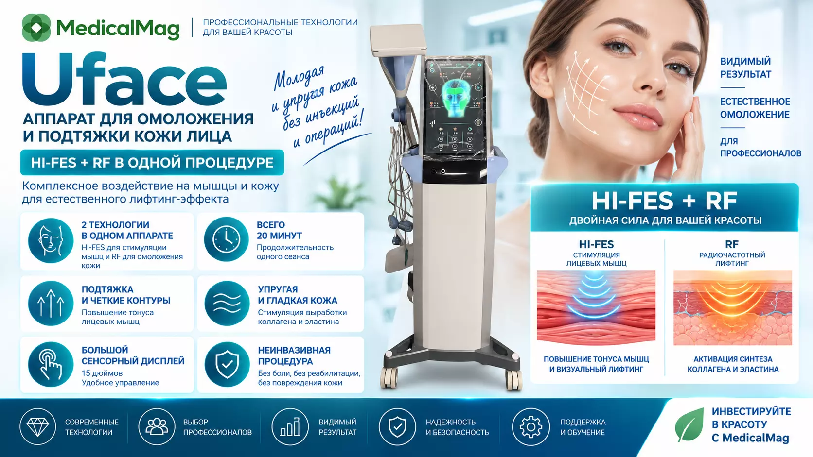 Аппарат Uface для омоложения и подтяжки кожи лица (HI-FES+RF)