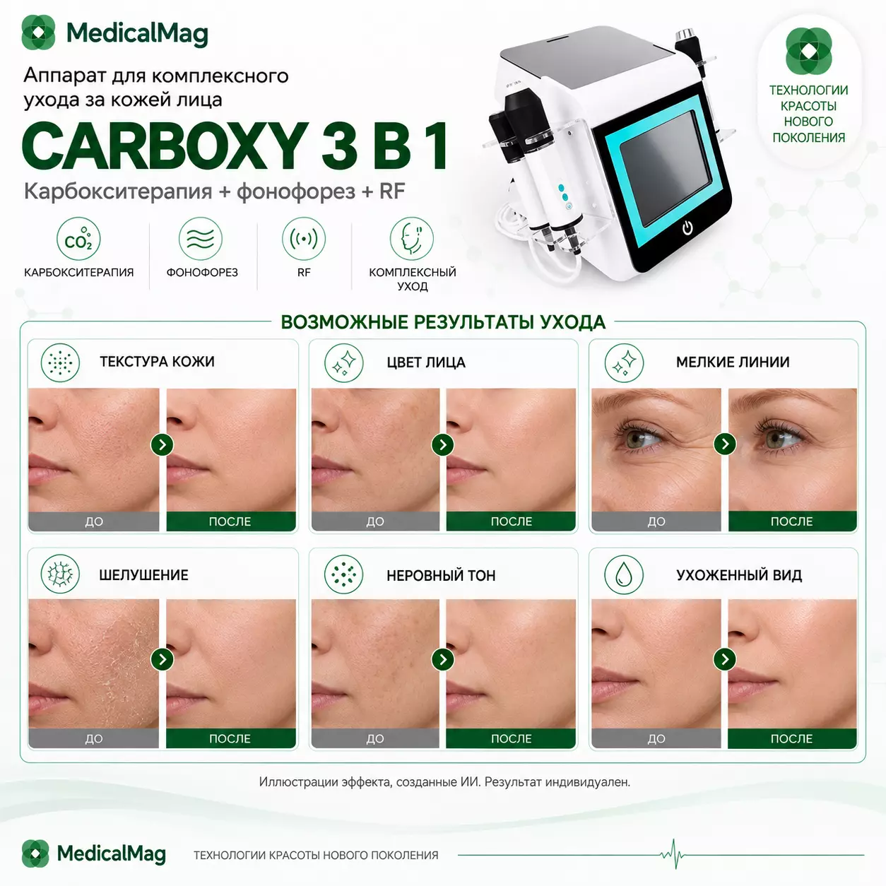 Аппарат карбокситерапии Carboxy 3 в 1: карбоскитерапия + фонофорез + РФ лифтинг