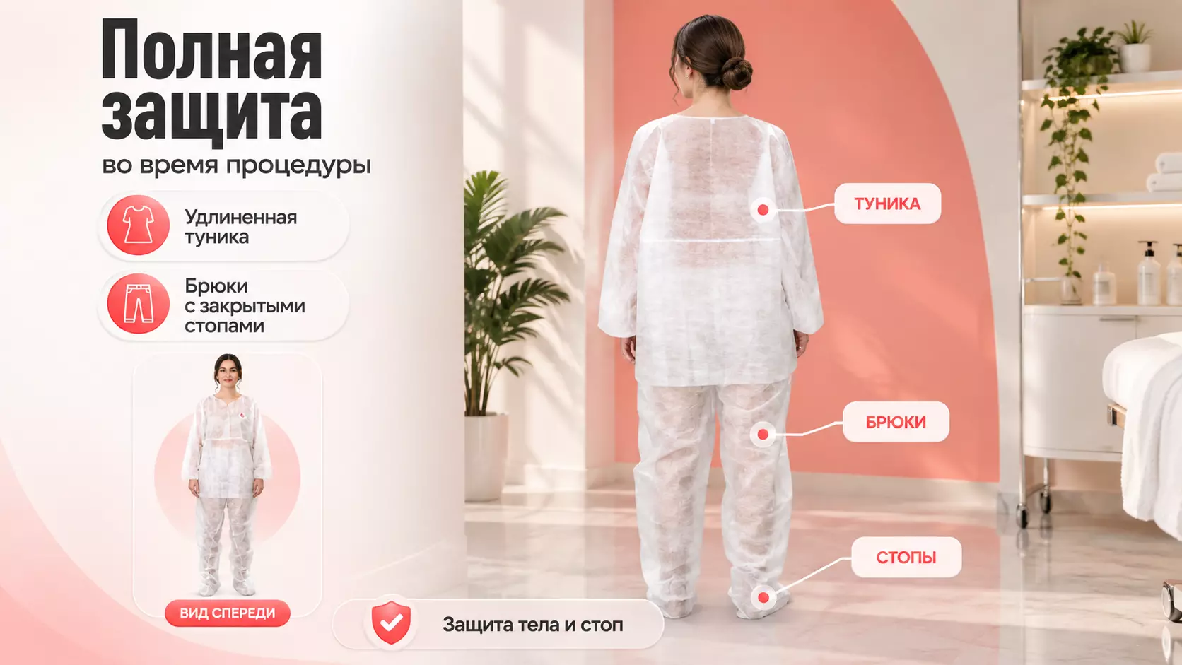 Костюм для прессотерапии одноразовый (туника и брюки с бахилами), материал SMS, белый