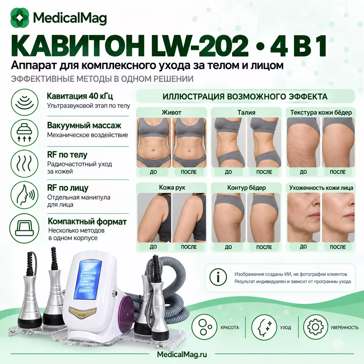 Аппарат КАВИТОН LW-202 4в1 кавитация, вакуумный массаж, радиолифтинг по лицу и телу
