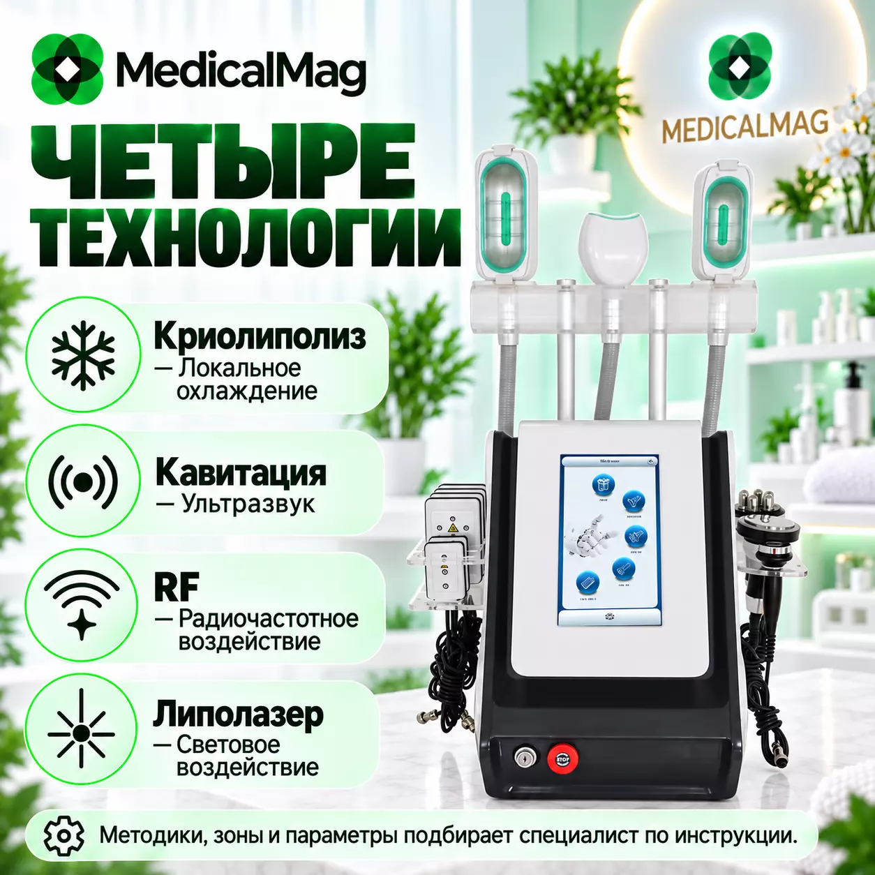 Аппарат для вакуумного криолиполиза KR-400: Криолиполиз (3 манипулы с дополнительной манипулой для подбородка), кавитация, радиолифтинг, лазерный липолиз