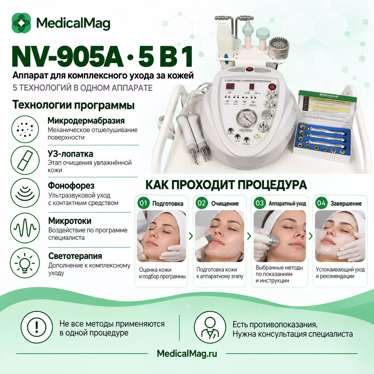 Косметический комбайн NV-905A 5в1 (микродермабразия, фонофорез, ультразвуковая лопатка, светотерапия, микротоки)