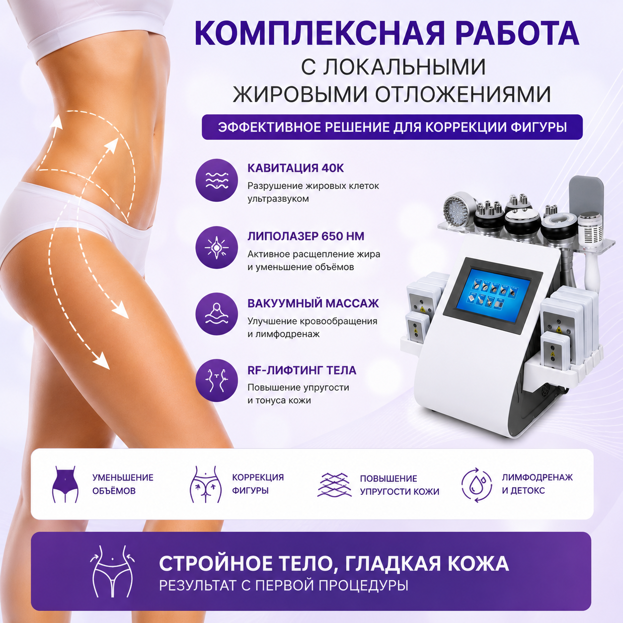 Аппарат Kim 8 (10в1): Кавитация, Липолазер, RF для тела и лица, Вакуум биполярный RF, Криомолот, Фотон, Миостимуляция