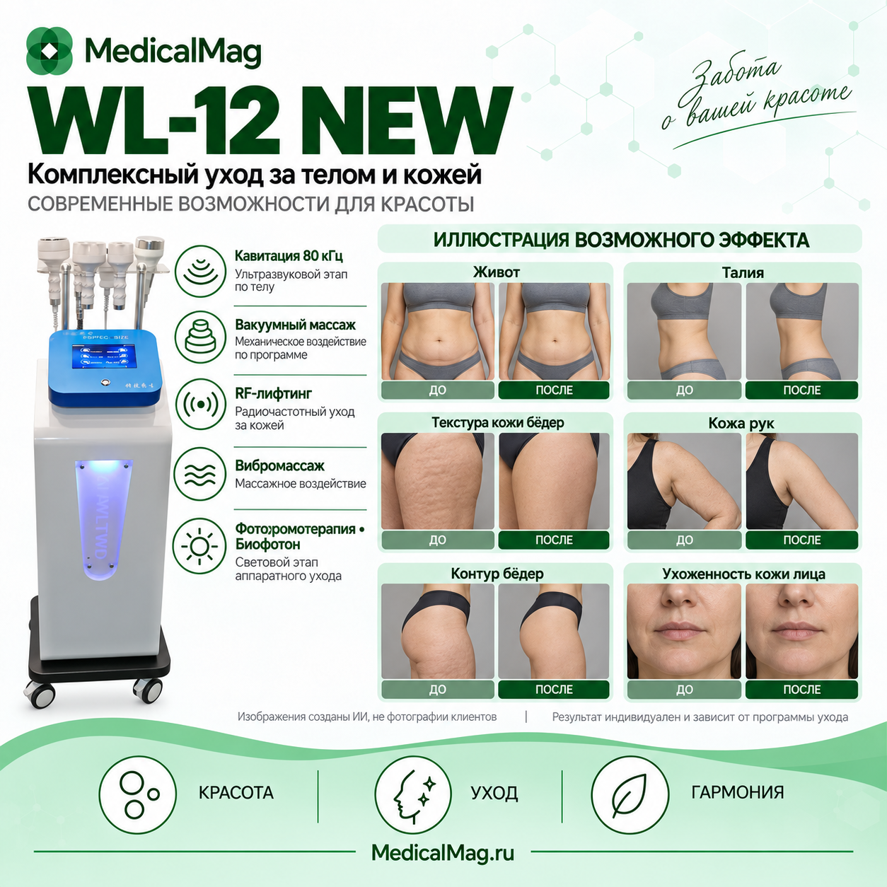 Аппарат WL-12 NEW: кавитация 80K, вакуум массаж, РФ лифтинг, фотохромотерапия, вибромассаж, биофотон