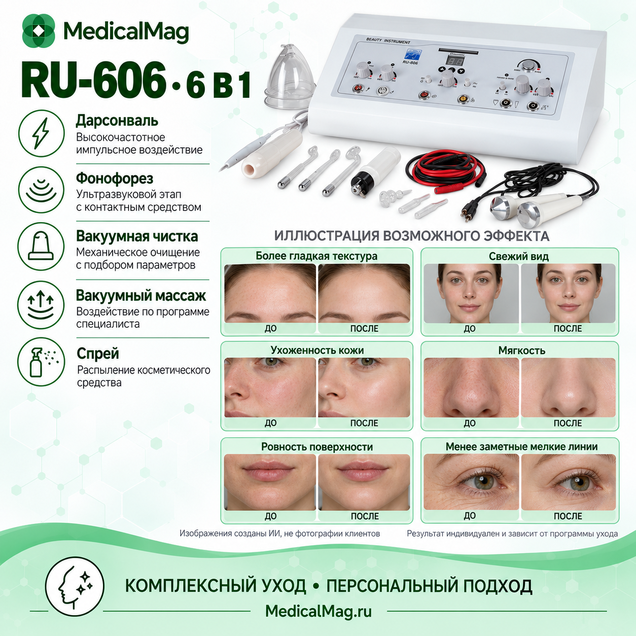 Косметический комбайн RU-606 6в1 (Дарсонваль, коагулятор, фонофорез, спрей, вакуумная чистка, вакуумный массаж)