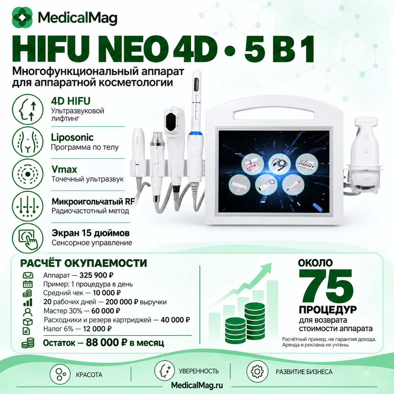 Аппарат СМАС лифтинга HIFU NEO 4D 5 в 1 (4D HIFU, липосоник, Vmax, вагинальное омоложение, микроигольчатый рф)