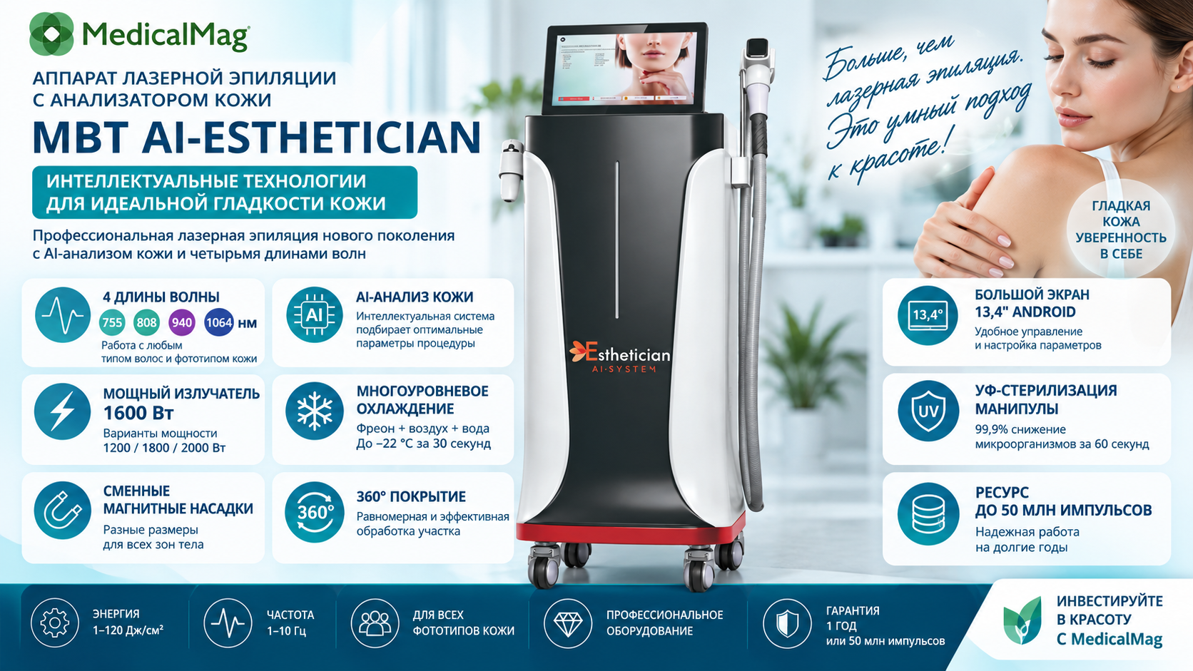 Аппарат лазерной эпиляции с анализатором кожи MBT AI-ESTHETICIAN (ЭйАй Эстетишен)