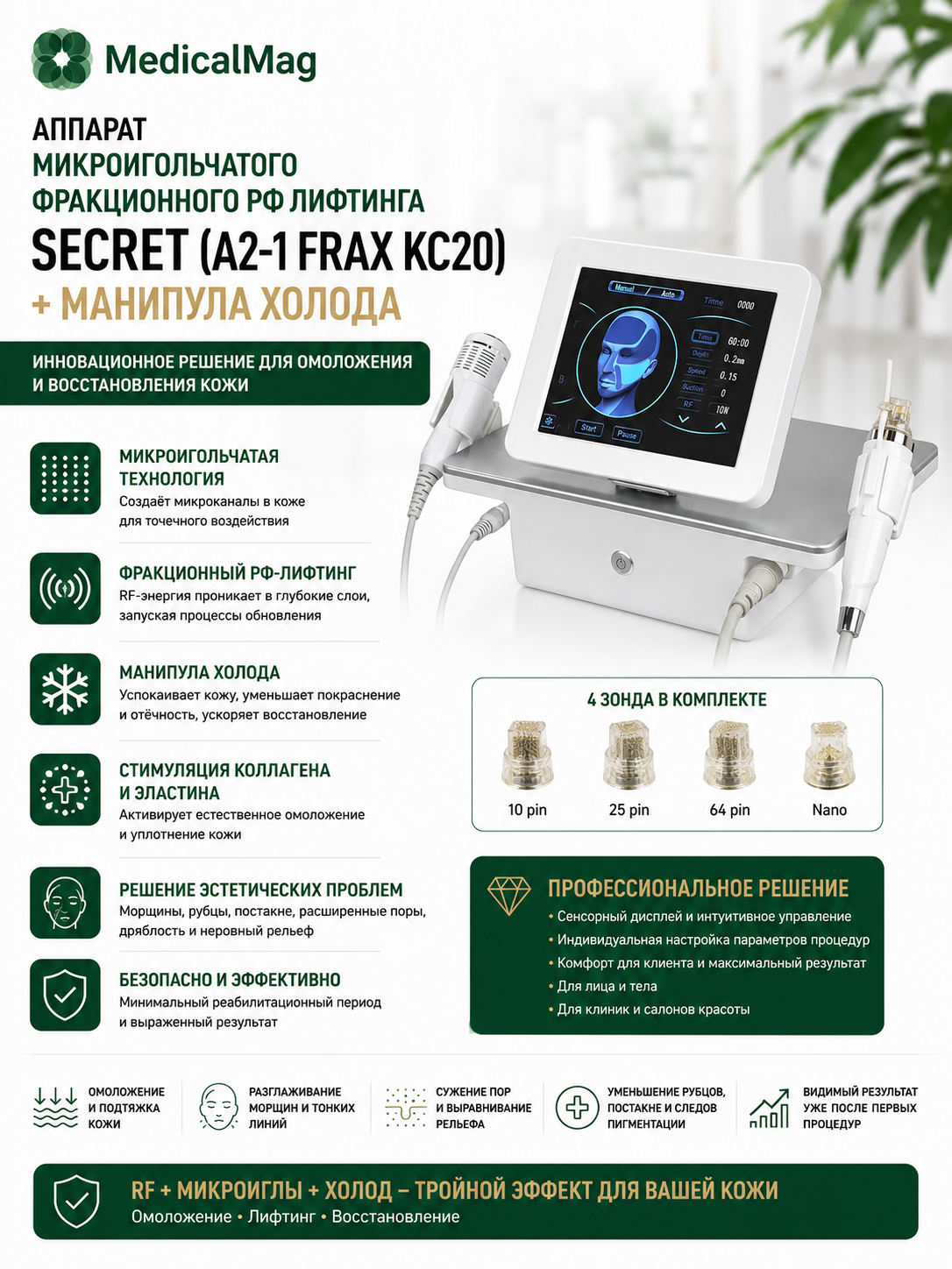 Аппарат микроигольчатого фракционного РФ лифтинга SECRET (A2-1 Frax KC20) + манипула Холода