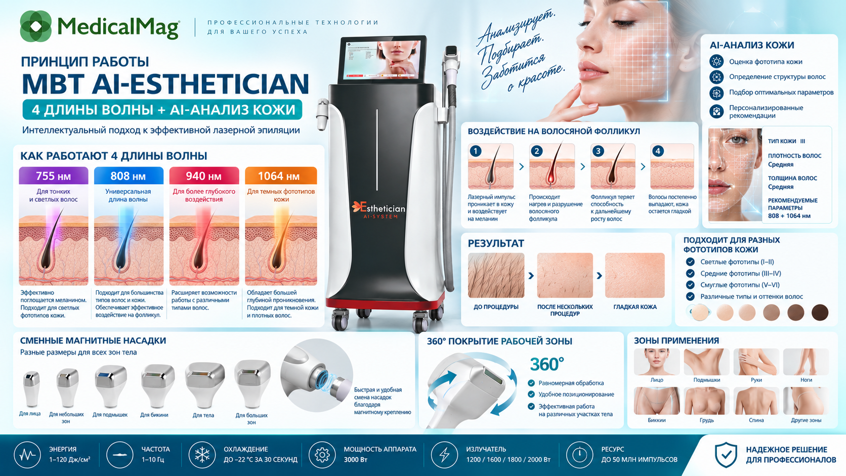 Аппарат лазерной эпиляции с анализатором кожи MBT AI-ESTHETICIAN (ЭйАй Эстетишен)