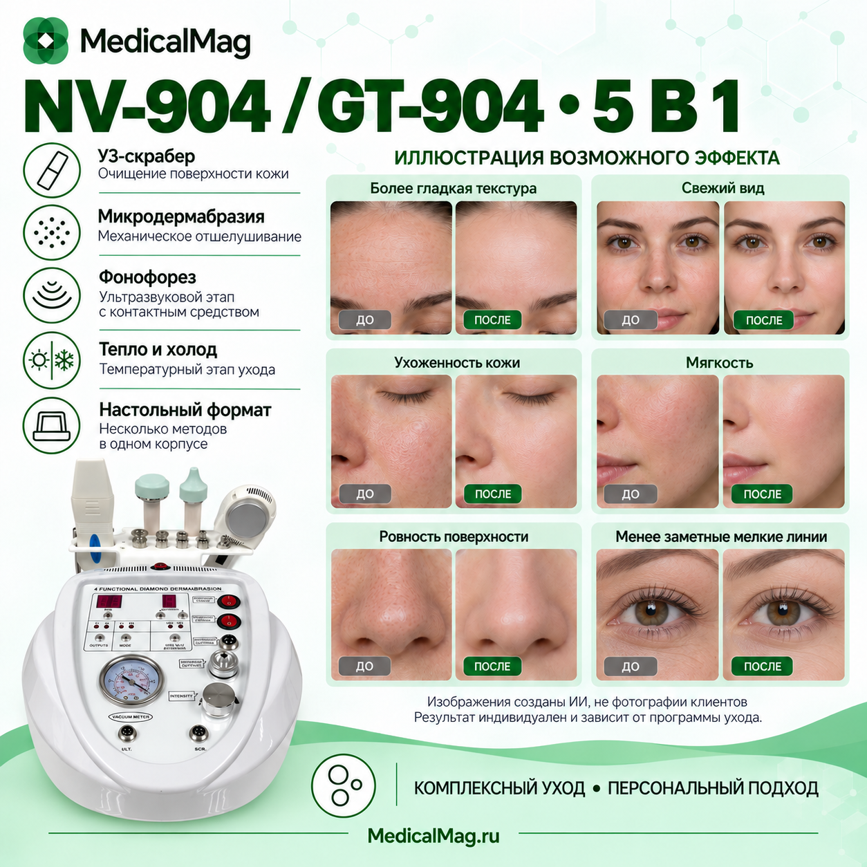 Комбайн косметический NV-904 / GT-904 (5 в 1) УЗ пилинг, алмазная чистка, фонофорез, крио молот