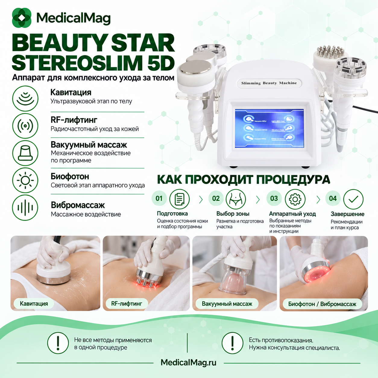 Косметический аппарат Beauty Star STEREOSLIM 5D 6в1 (вакуум, кавитация, РФ-лифтинг, биофотон, вибромассаж)