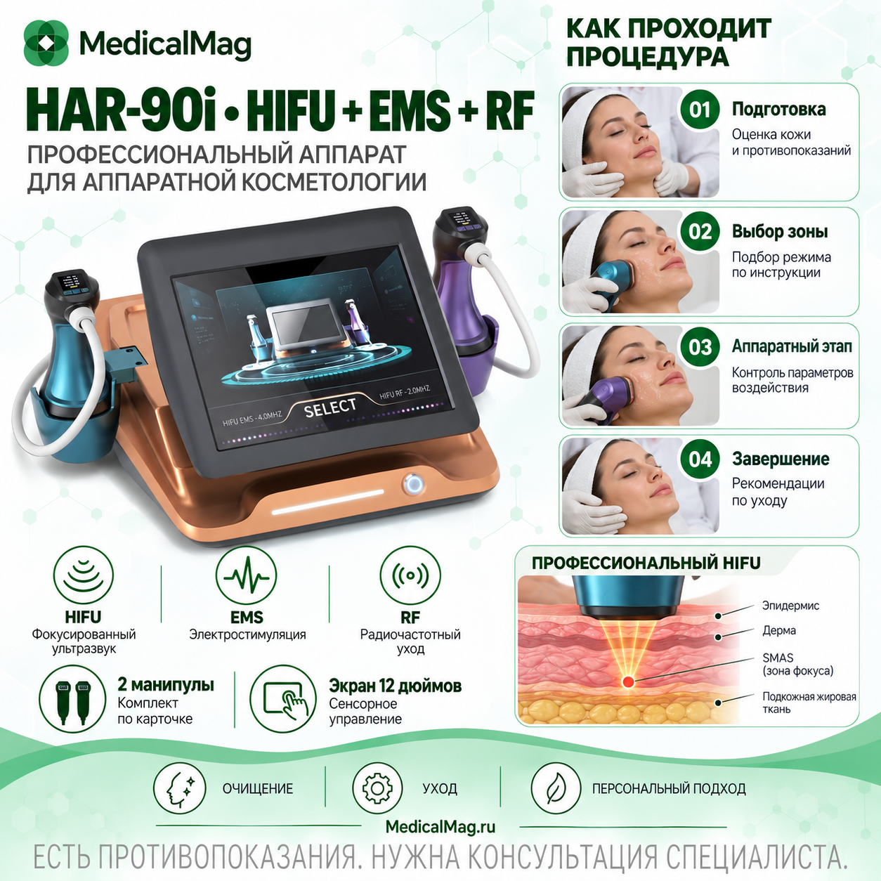Аппарат SMAS лифтинга HIFU для омоложения и подтяжки кожи с EMS и RF (2 манипулы) HAR-90i