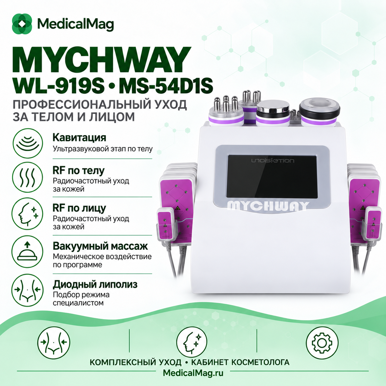 Косметический аппарат 7 в 1 Mychway WL-919s (MS-54D1S): Диодный липолиз + Кавитация + Радиолифтинг + Вакуум